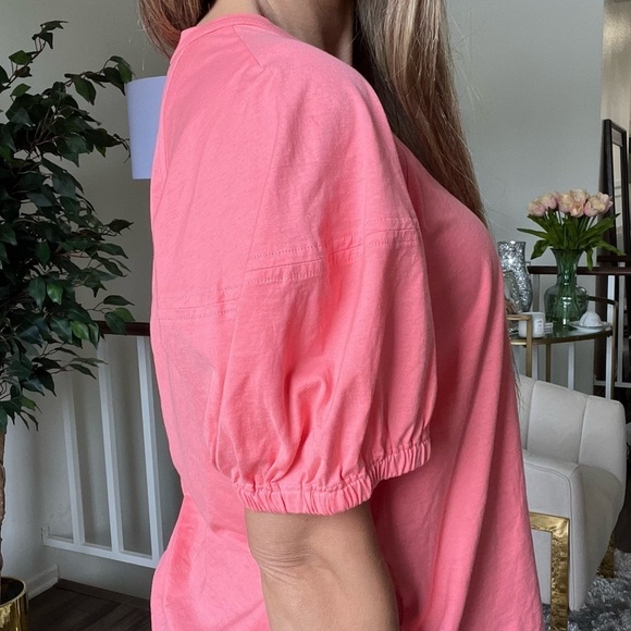 A.L.C Women’s Short Puffer Sleeve Crew Neck Tee Shirt Top Salmon Pink Cotton L - Picture 4 of 12